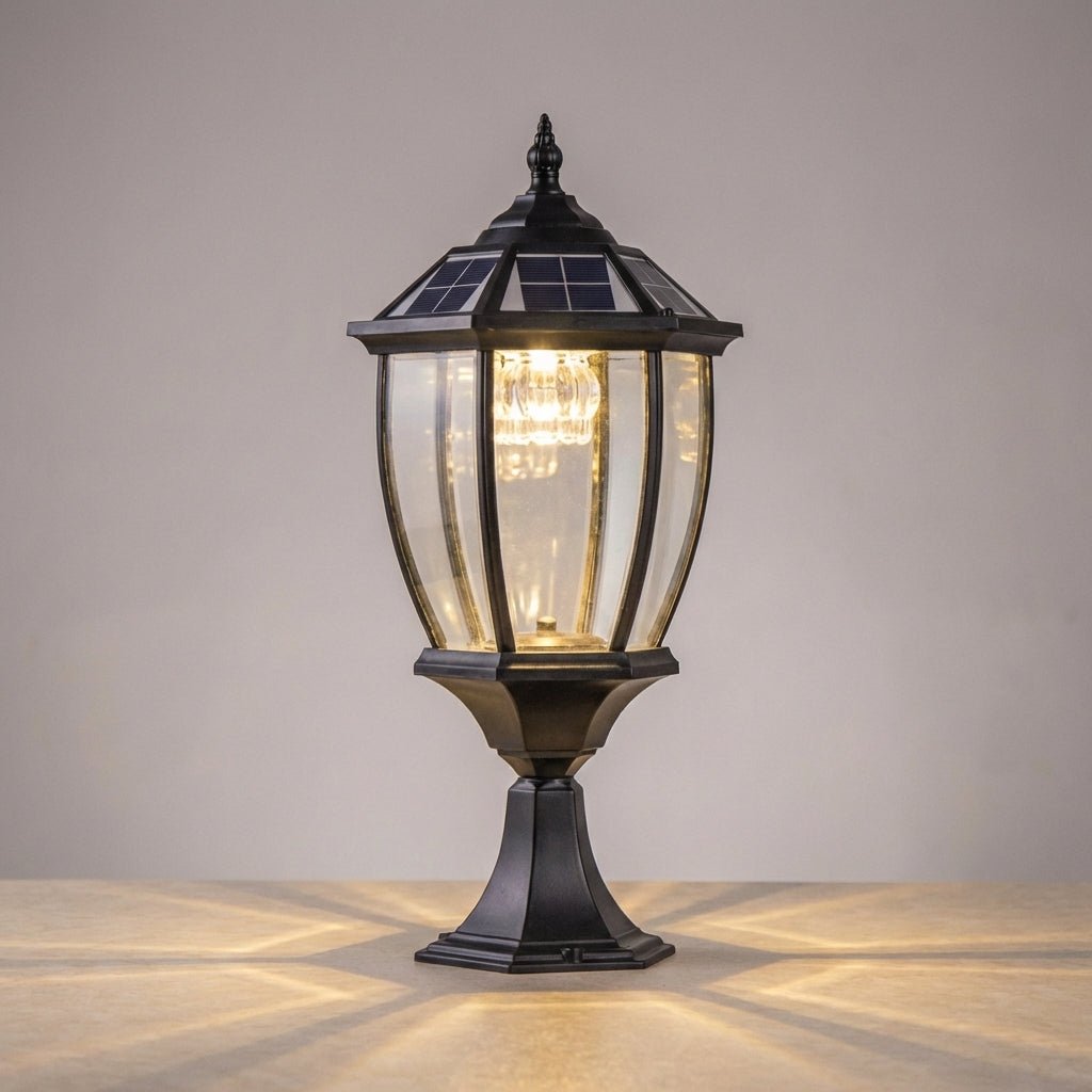 Outdoor solar lantern featuring a warm LED light, crafted from durable retro aluminum and glass, perfect for garden or patio illumination. 4