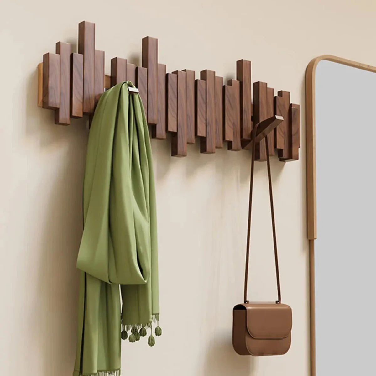 Piano Style Coat Rack with Folding Hooks made of solid walnut and beech wood, featuring a modern design ideal for entryway or bedroom organization. 7