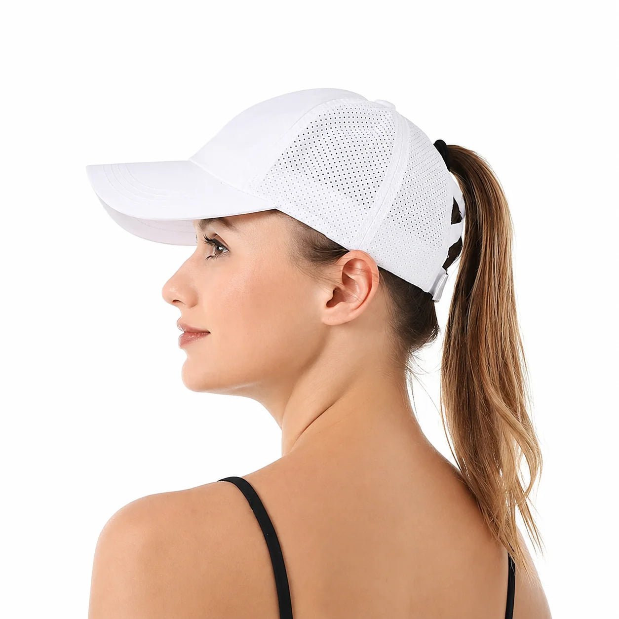 Women's ponytail sports cap featuring an adjustable fit and stylish crossback design, available in solid colors, perfect for active lifestyles and outdoor activities. 0