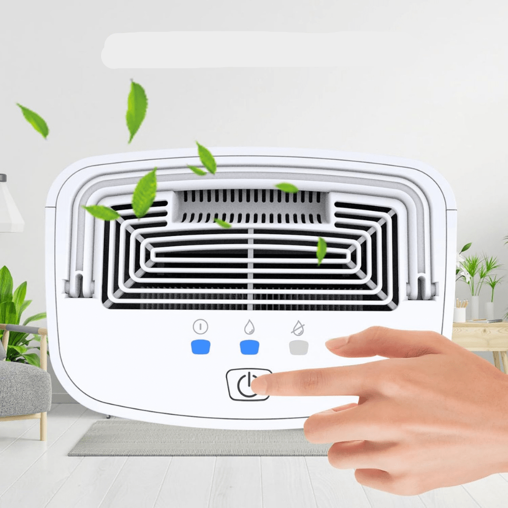 Portable dehumidifier designed for bathrooms and bedrooms featuring quiet operation, a large tank, and efficient moisture control. 3
