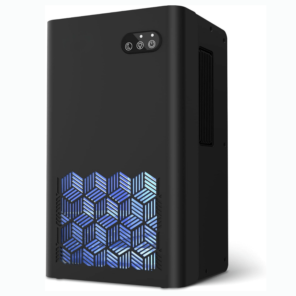 Portable dehumidifier designed for bedrooms and bathrooms, featuring auto shut-off and a compact, quiet design for effective moisture removal. 2