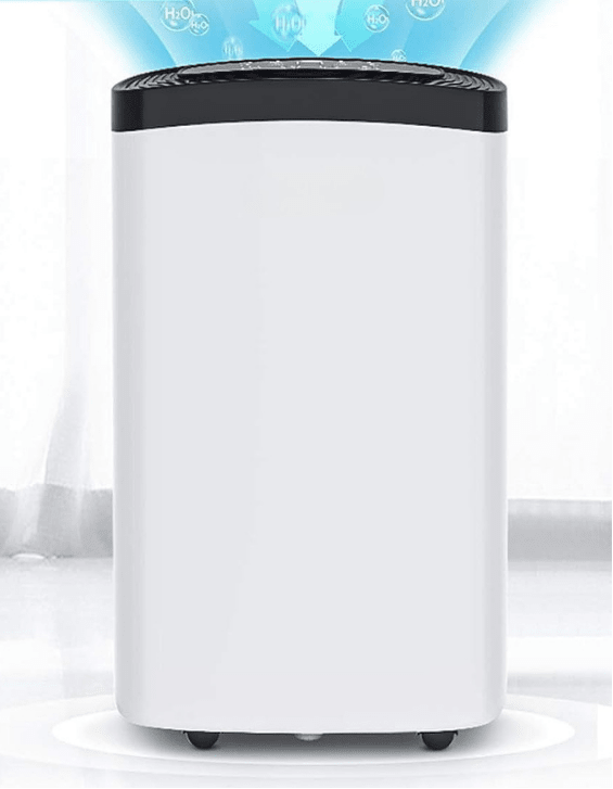 Portable dehumidifier designed for large rooms, featuring quiet operation and efficient moisture control, capable of removing 14.2 liters of humidity per day, 5