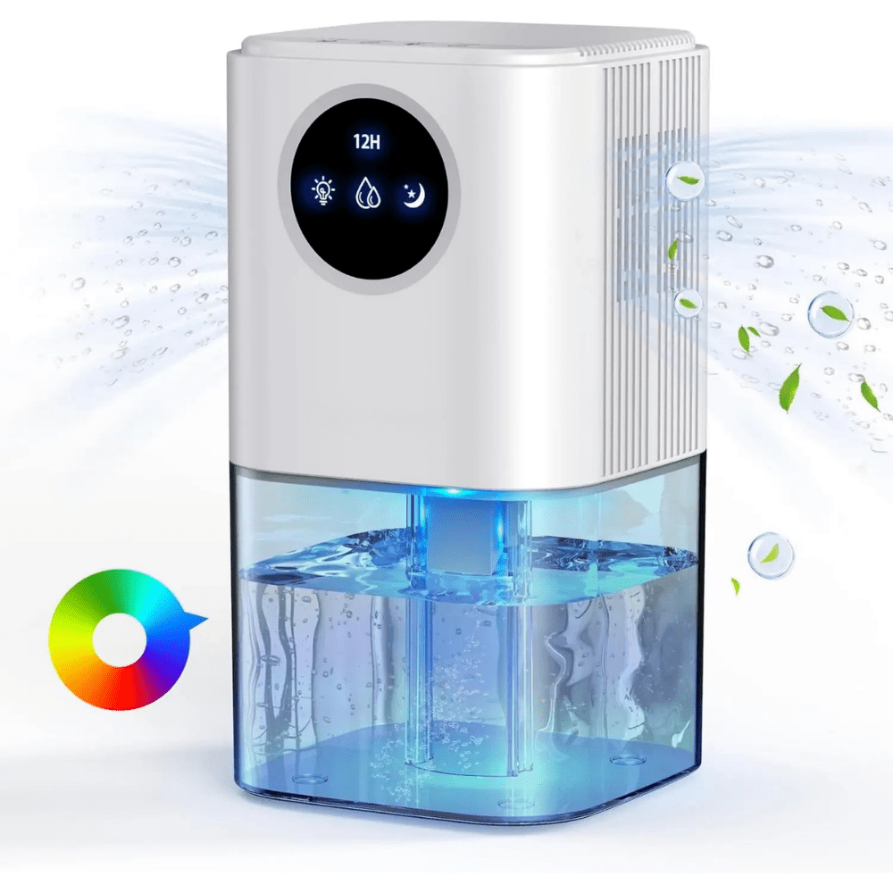 Portable dehumidifier designed for small spaces, featuring a timer and soothing night light, perfect for quiet operation in bedrooms and bathrooms. 5