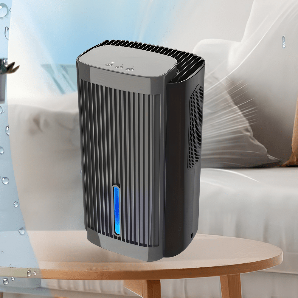 Portable dehumidifier with quiet sleep mode, featuring a 95oz tank and modern compact design, ideal for bedroom and bathroom use. 0