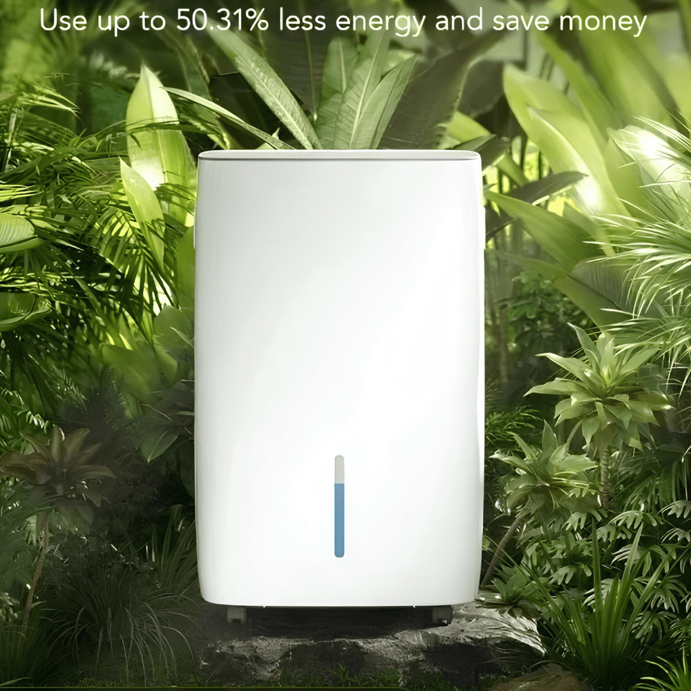 Portable dehumidifier featuring smart moisture control and voice activation, designed for energy efficiency in bedrooms and home use. 4