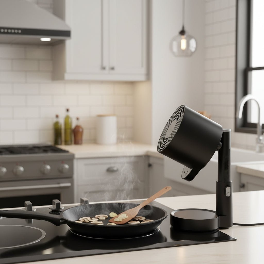 Portable ductless range hood designed for compact kitchens, featuring adjustable coverage and an efficient exhaust fan, ideal for small spaces. 3