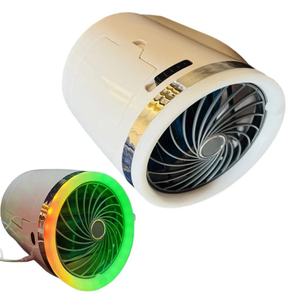 Portable evaporative cooler with LED lights, designed as a mini fan for personal use, featuring a sleek and compact design perfect for home or office settings. 5