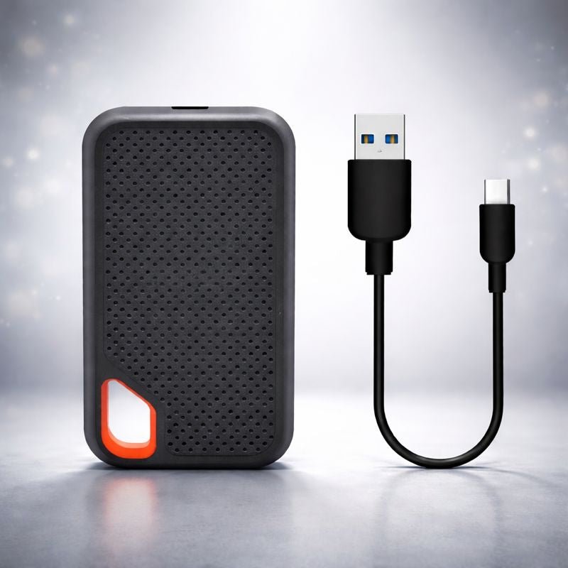 Portable external SSD drive featuring a sleek anodized aluminum design, USB-C connection for fast file transfer, compact size for easy portability, ideal for storing and 1