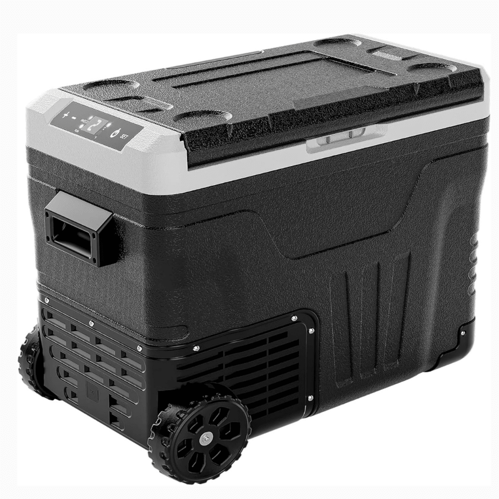 Portable fridge freezer featuring dual zone cooling, 53QT capacity, and rolling wheels, perfect for camping and travel, designed for 12V car use 5