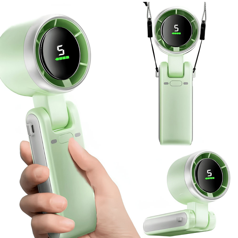 Portable handheld fan featuring a foldable design, 5 adjustable speed settings, and a rechargeable battery, perfect for personal cooling on the go. 4
