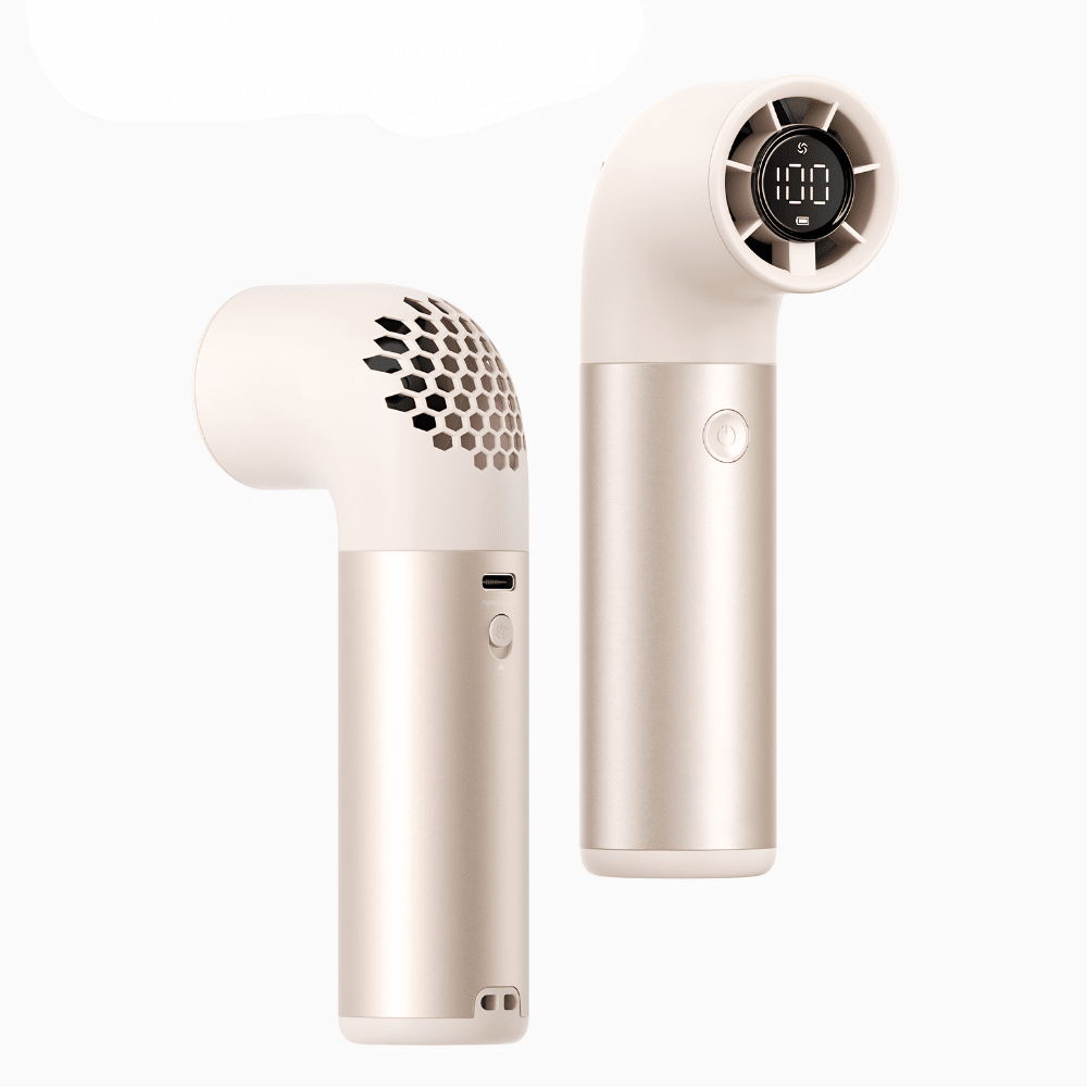 Portable handheld fan with rechargeable battery, foldable design, and 6-speed cooling options, perfect for on-the-go use. 4