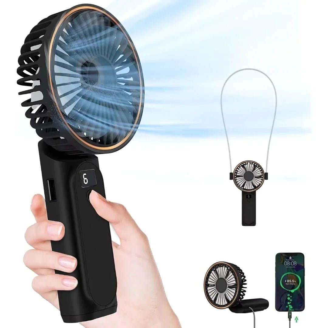 Portable handheld fan with USB rechargeable feature, designed for travel and outdoor use, showcasing a compact and lightweight design in vibrant colors. 0