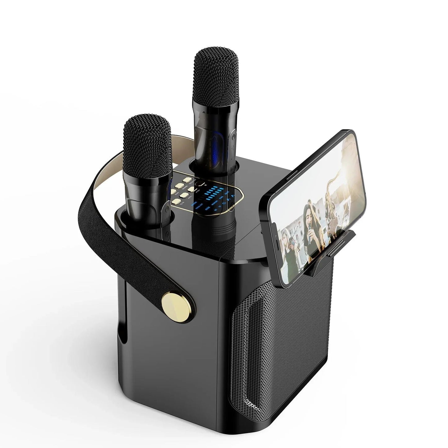 Portable karaoke speaker featuring dual wireless microphones and 360° surround sound, perfect for parties and gatherings, with Bluetooth connectivity for easy music streaming. 5