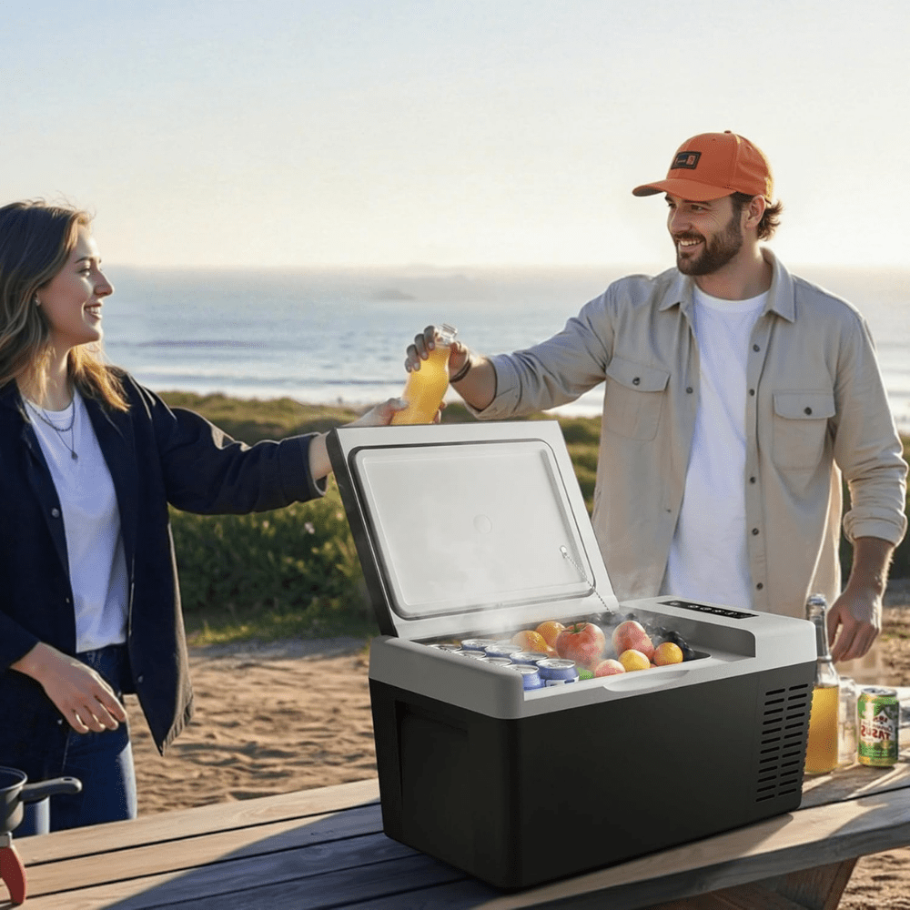 Portable Mini Fridge with Freezer Function and App Control, 19 Quart Compact Car Cooler ideal for travel and outdoor use, featuring a sleek design and 1