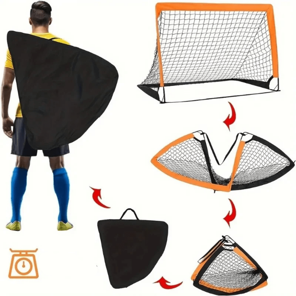 Portable soccer goal net featuring a foldable design for easy setup and storage, ideal for backyard practice, available in orange, red, or black. 5