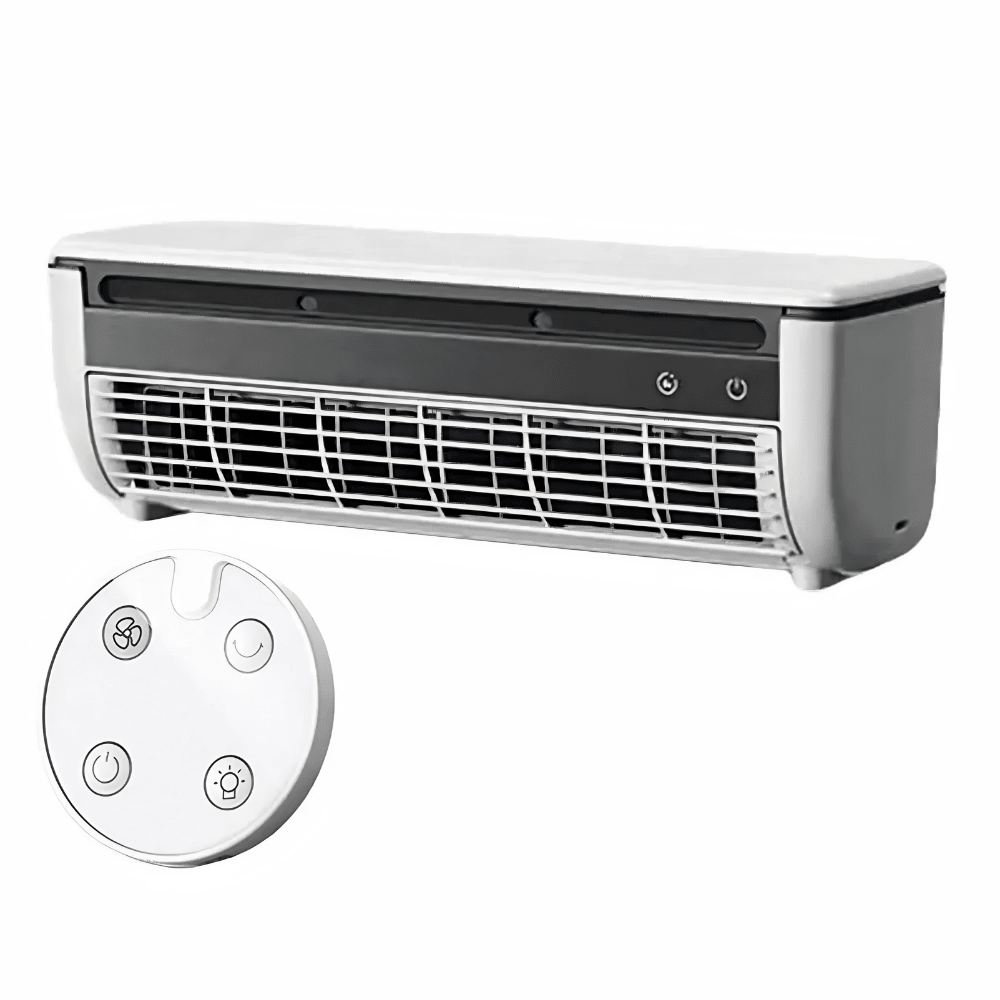 Portable wall-mounted fan in black and white with 3-speed control, designed for easy charging and efficient cooling, ideal for desktops and small spaces. 7