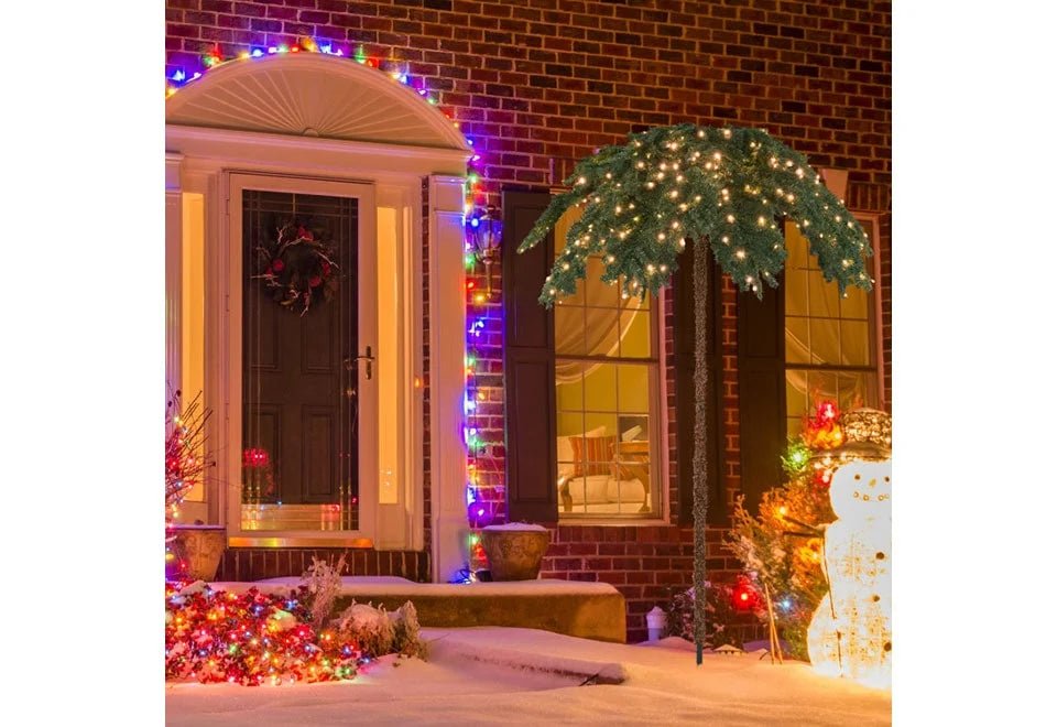 Pre-Lit Artificial Christmas Palm Tree featuring 250 Warm White LEDs, standing 1.83m tall, perfect for tropical holiday decor. 1