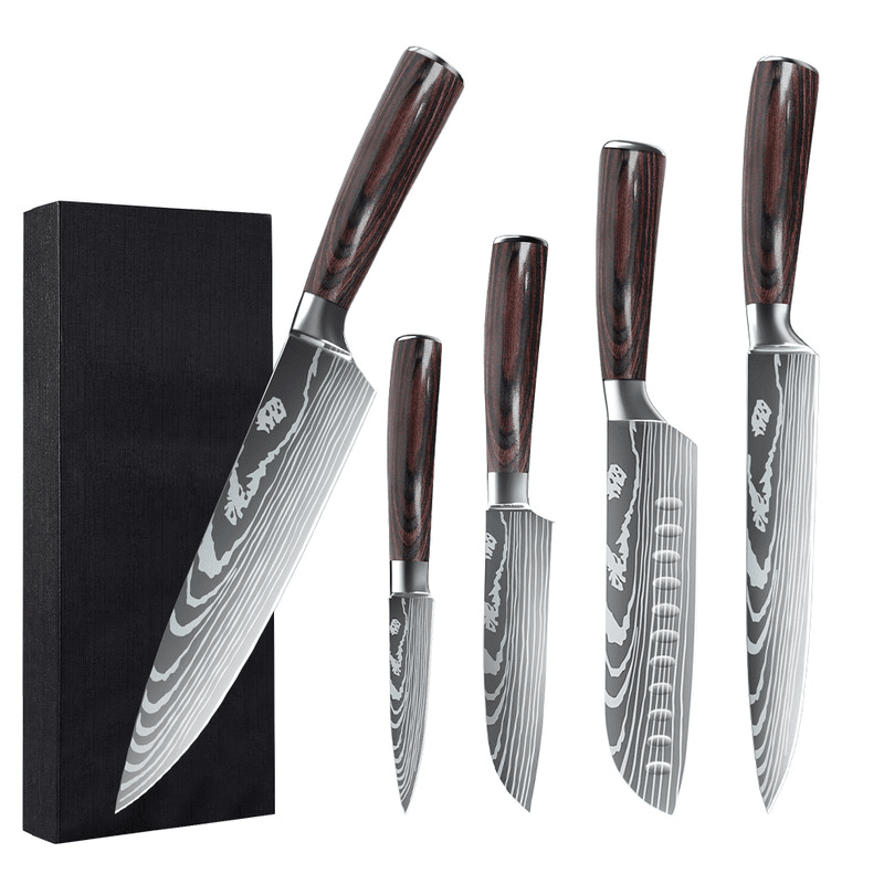 Professional Chef Knife Set featuring stainless steel laser Damascus blades and ergonomic handles, ideal for precision cutting and comfortable grip in the kitchen. 12