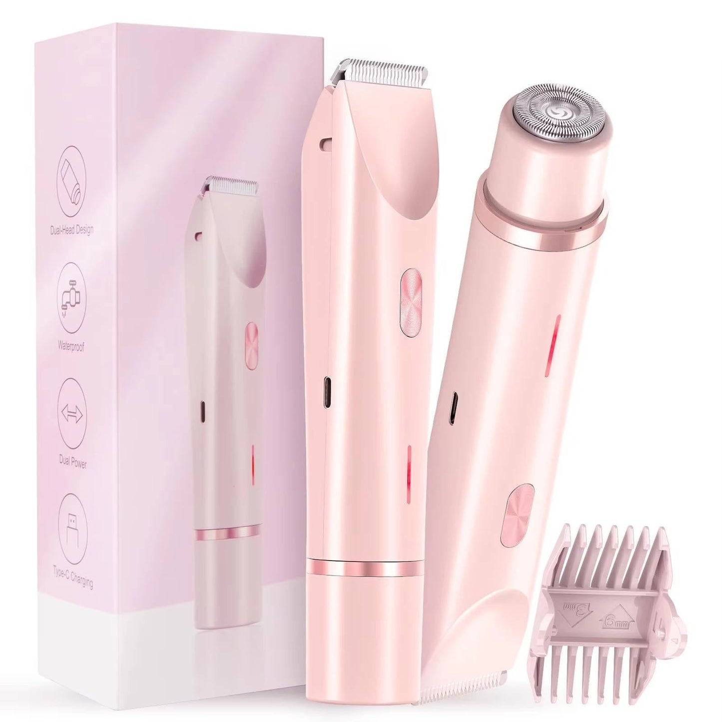 Gentle and quiet pubic hair trimmer featuring a dual head design, waterproof capability, perfect for body and facial grooming. 7