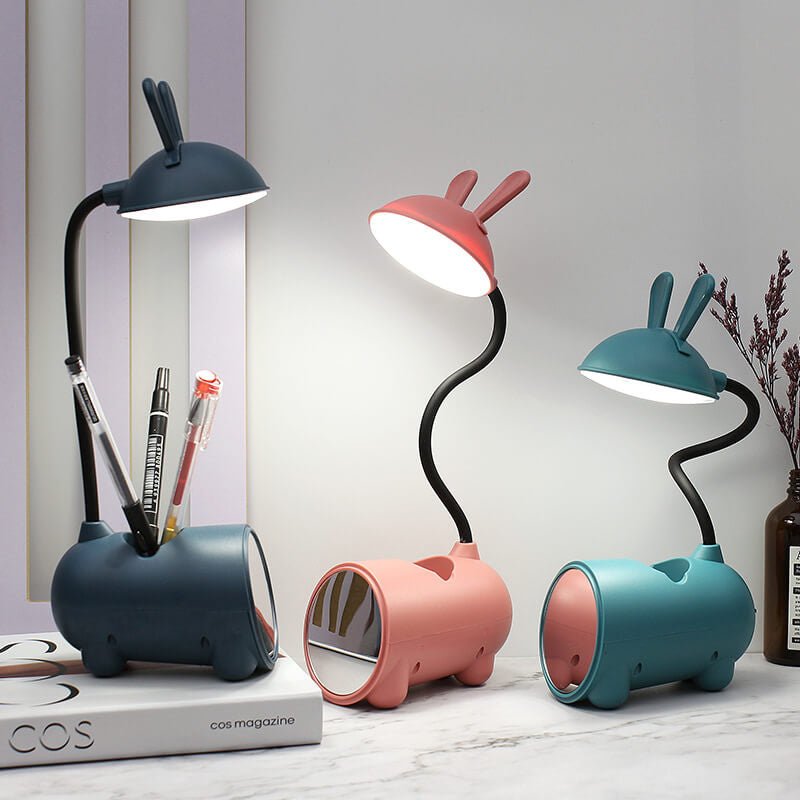 Rabbit LED desk lamp with touch control, featuring a cute design, built-in pen organizer, and USB charging port, perfect for kids' study spaces. 8