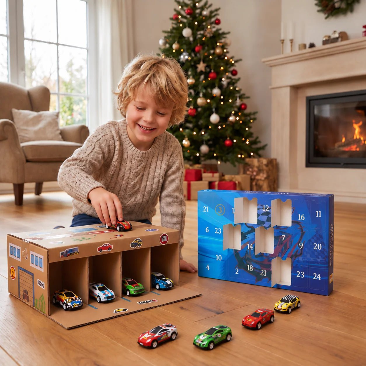 Racing Car Advent Calendar featuring 24 surprise toy cars, perfect for kids' interactive countdown to Christmas. 0