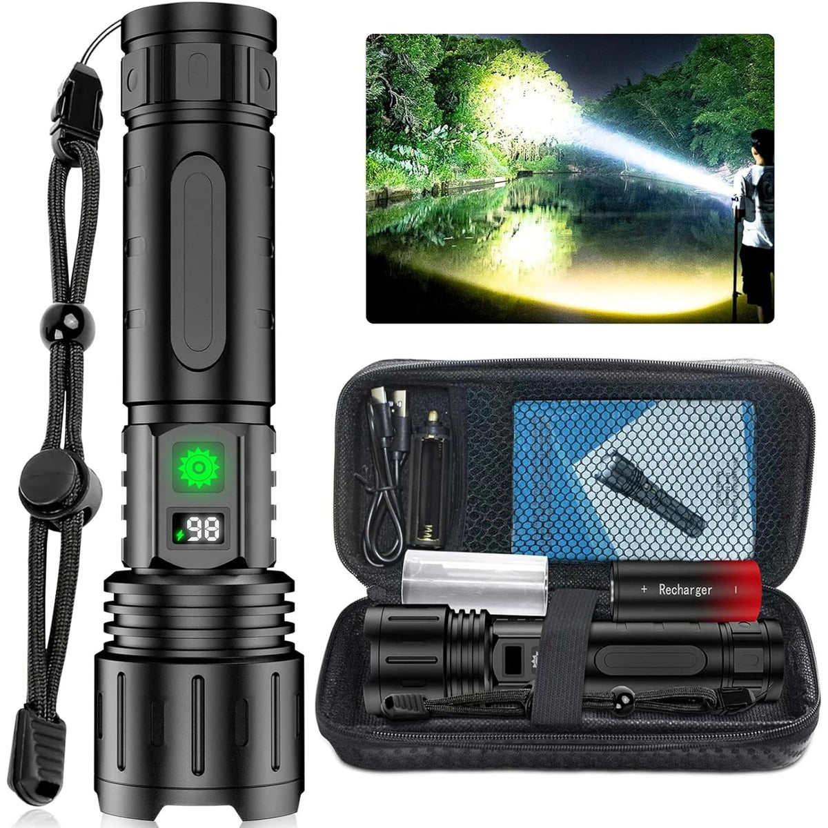 Rechargeable flashlight with 100,000 lumens brightness, featuring a power bank function, designed as a tactical LED torch for outdoor activities. 2