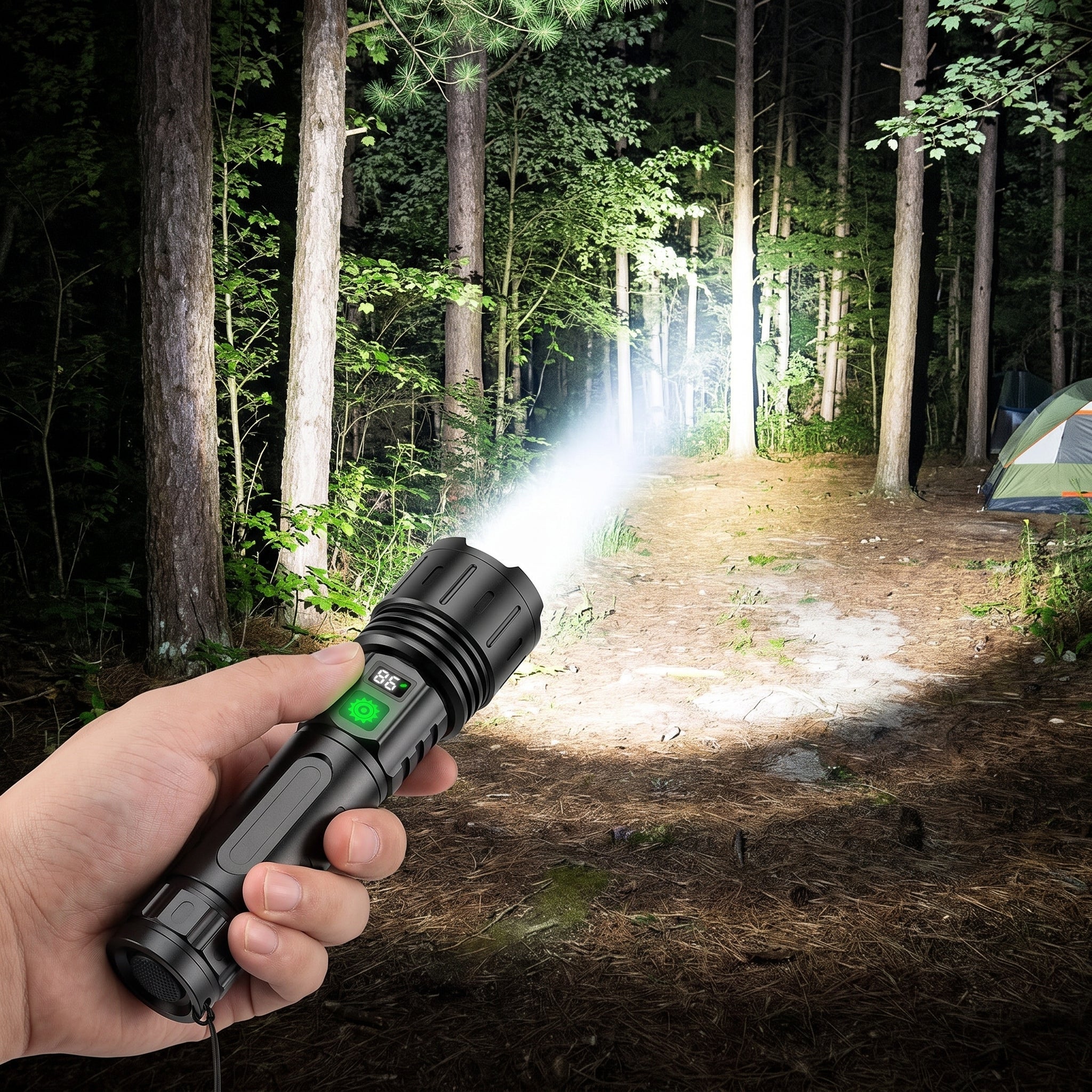 Rechargeable flashlight with 100,000 lumens brightness, featuring a power bank function, designed as a tactical LED torch for outdoor activities. 0