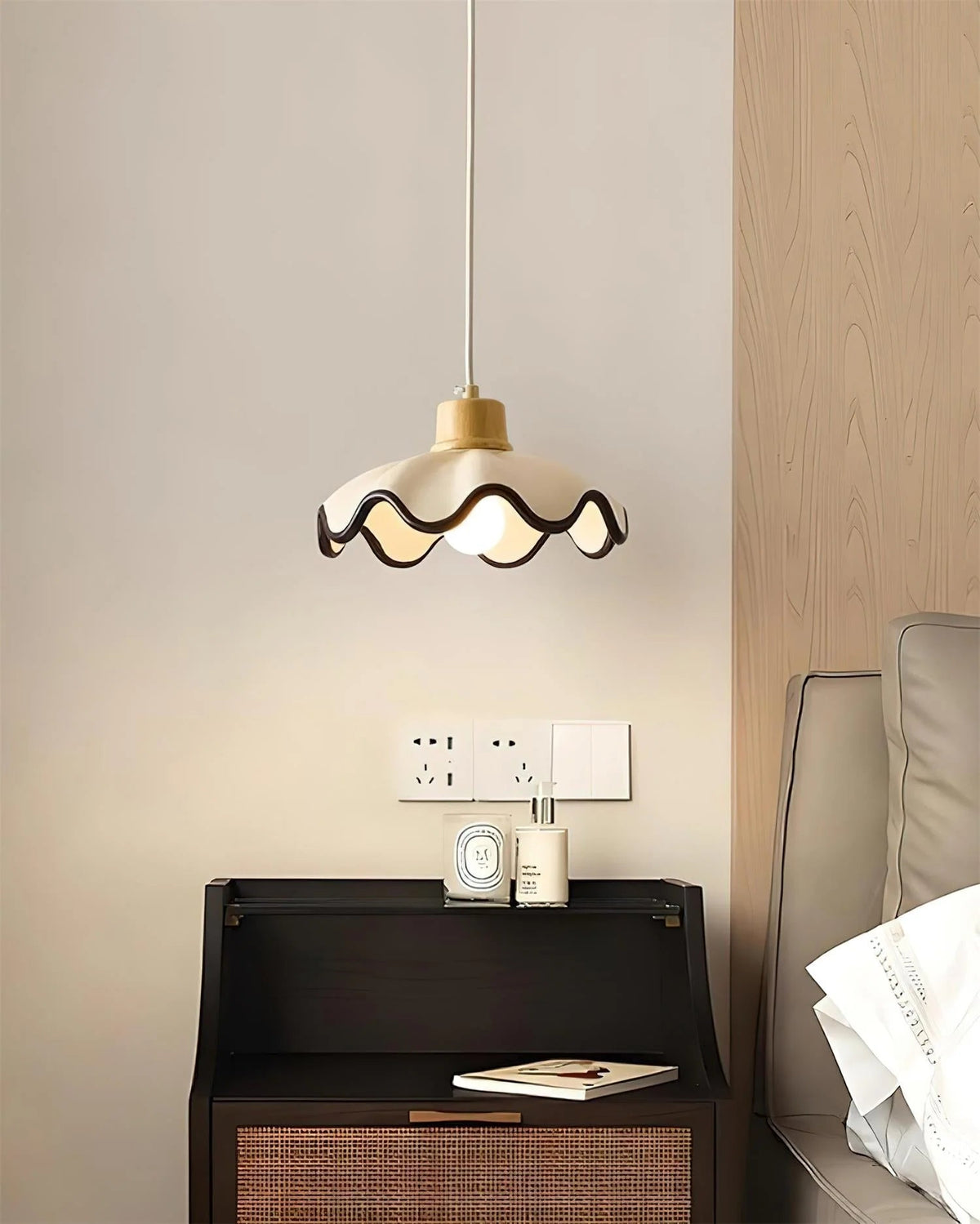 Scalloped pendant light featuring an adjustable height design and wood accent, ideal for dimmable kitchen island lighting. 5