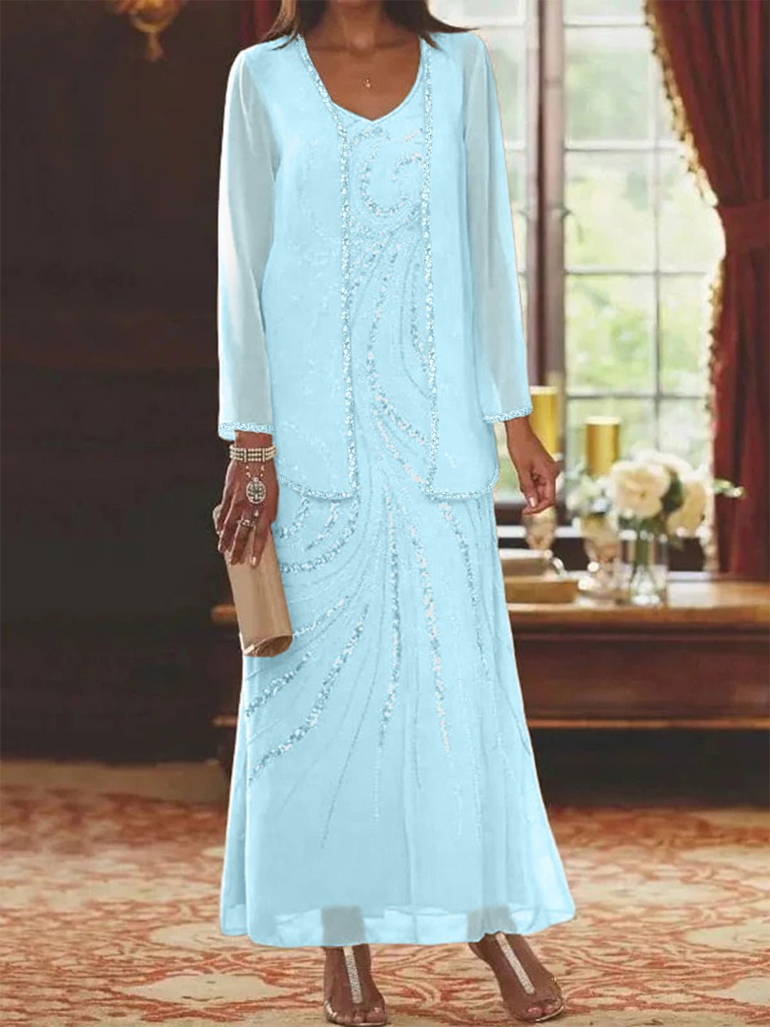 Elegant sheath mother of the bride dress featuring a sequined jacket, V-neck design, and ankle-length chiffon gown, perfect for formal weddings. 77