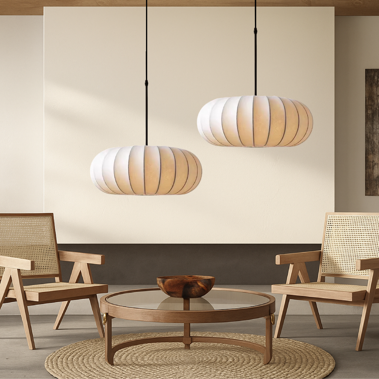 Silk pendant lamp with warm LED light in modern minimalist design, adjustable height, available in 30cm, 40cm, and 50cm 9