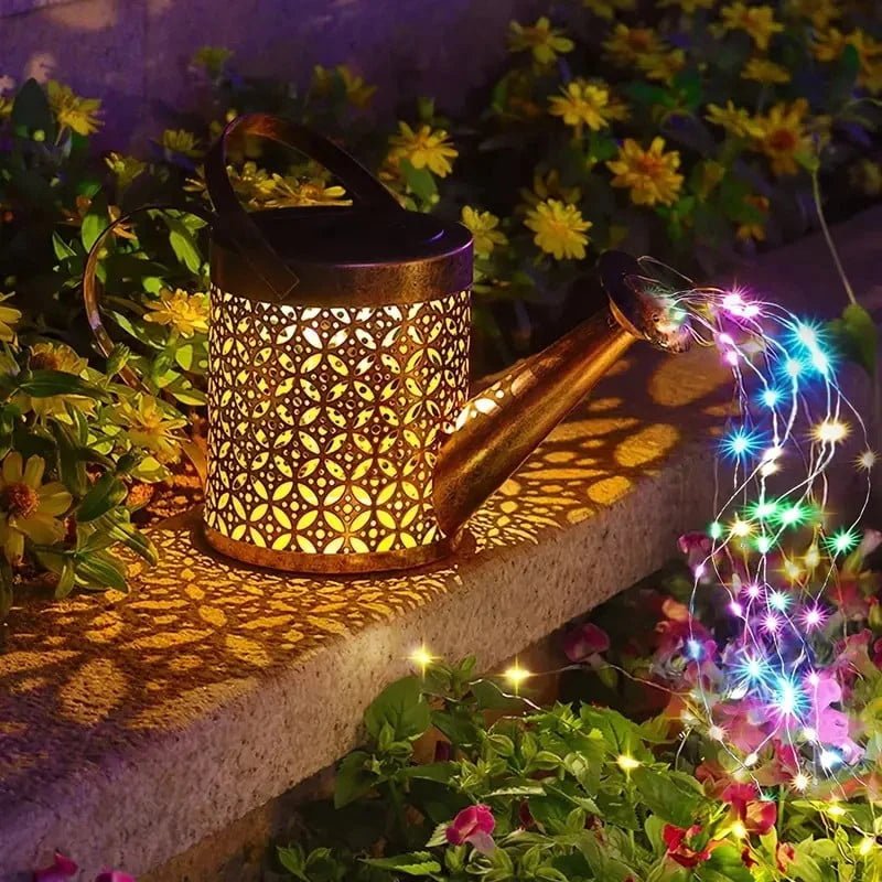 Decorative solar garden light featuring 60 bright LEDs in a charming metal watering can design, ideal for adding stylish and weather-resistant illumination to outdoor spaces. 8