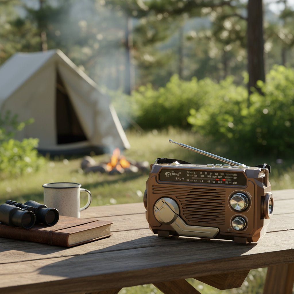 Solar-powered emergency radio with hand crank and Bluetooth, featuring a compact design and built-in flashlight for multi-function use during emergencies and outdoor activities. 8