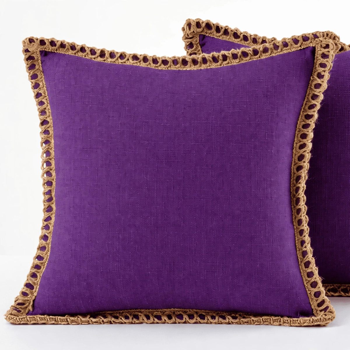 Square decorative cushion cover featuring a delicate crocheted trim, crafted from soft fabric in a French style, washable, and available in 12 vibrant colors. 11