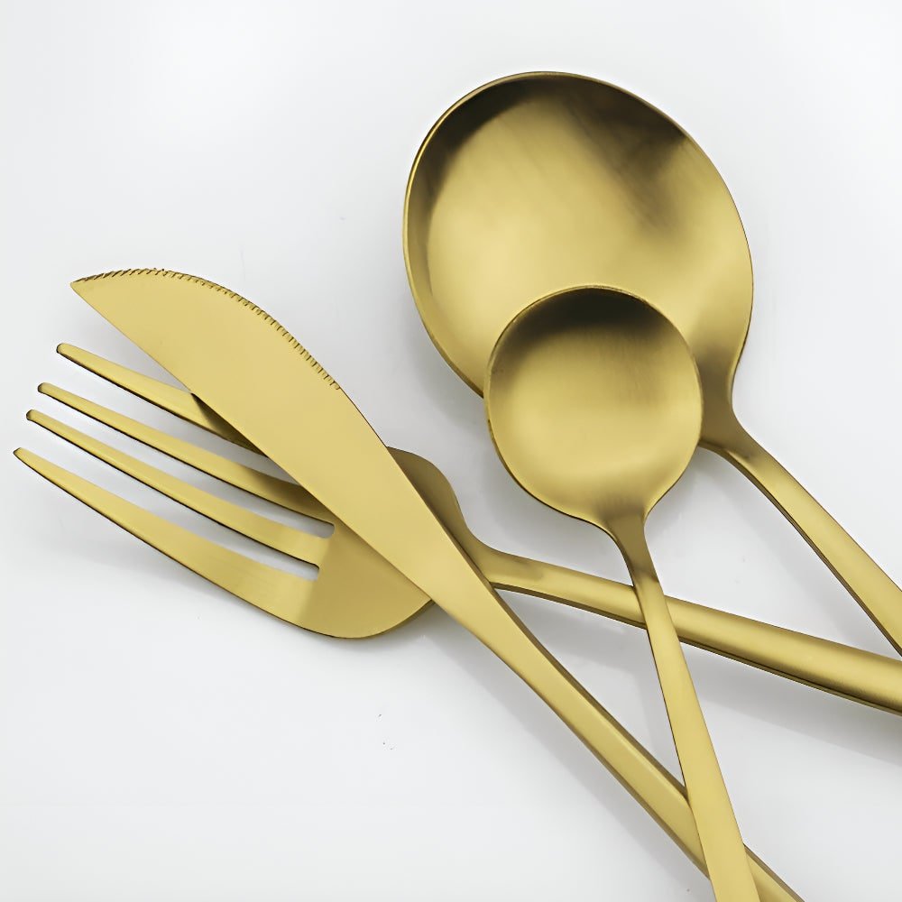 Stainless steel flatware set featuring a modern minimalist design, 30-piece dishwasher safe cutlery for elegant dining. 8