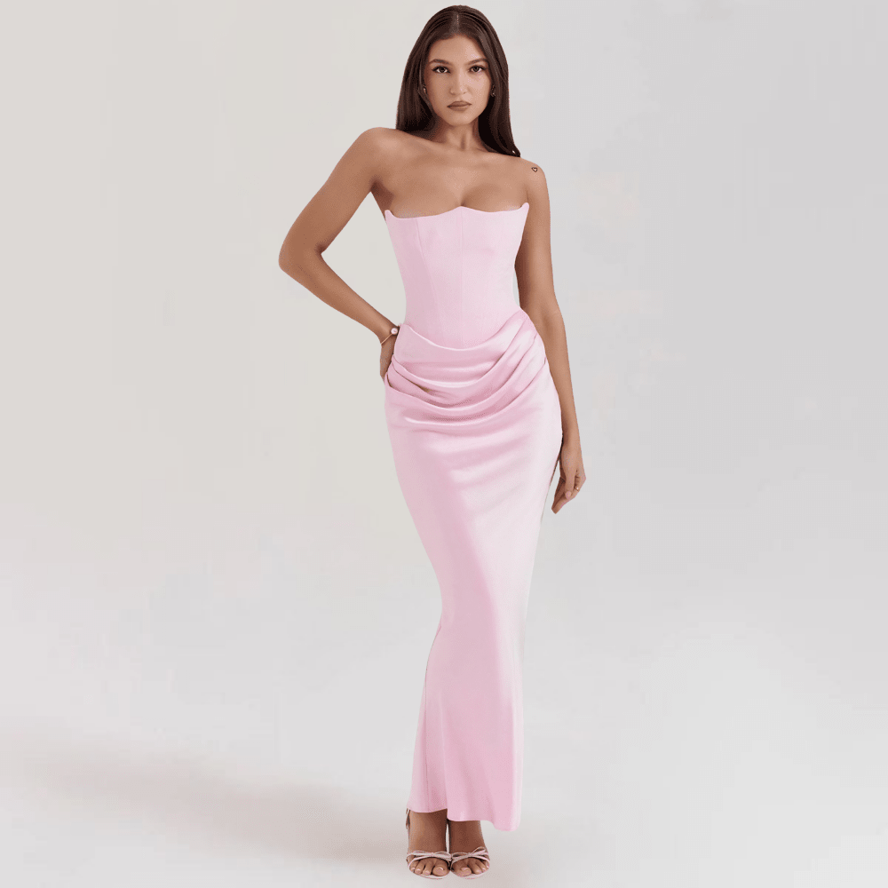 Strapless satin evening gown featuring a corset fit, elegantly designed for a floor-length formal look, perfect for special occasions and evening events. 10