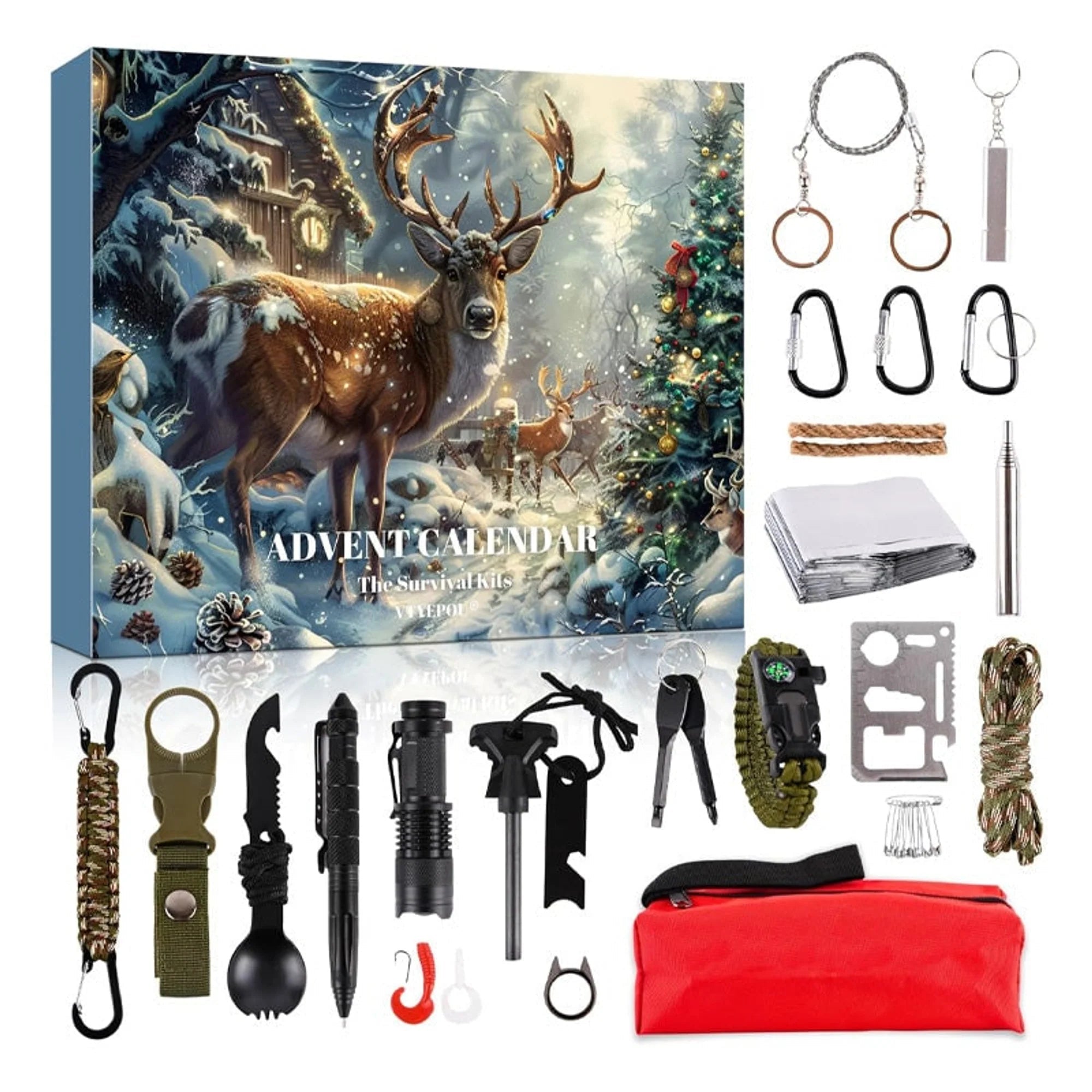 Survival Tools Advent Calendar featuring 24 essential outdoor gear items for camping and hiking, designed with durable metal and ABS construction for reliability in outdoor adventures. 0