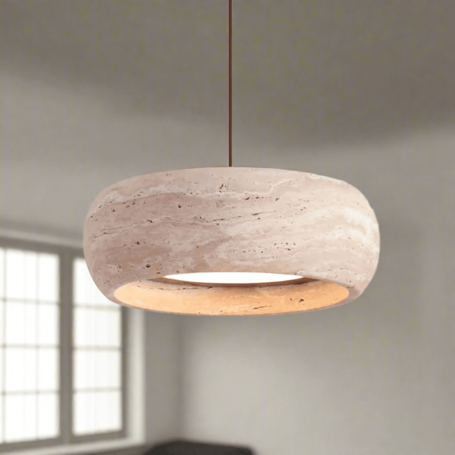 Travertine pendant light featuring a natural stone design and dimmable LED functionality, ideal for modern home decor. 7