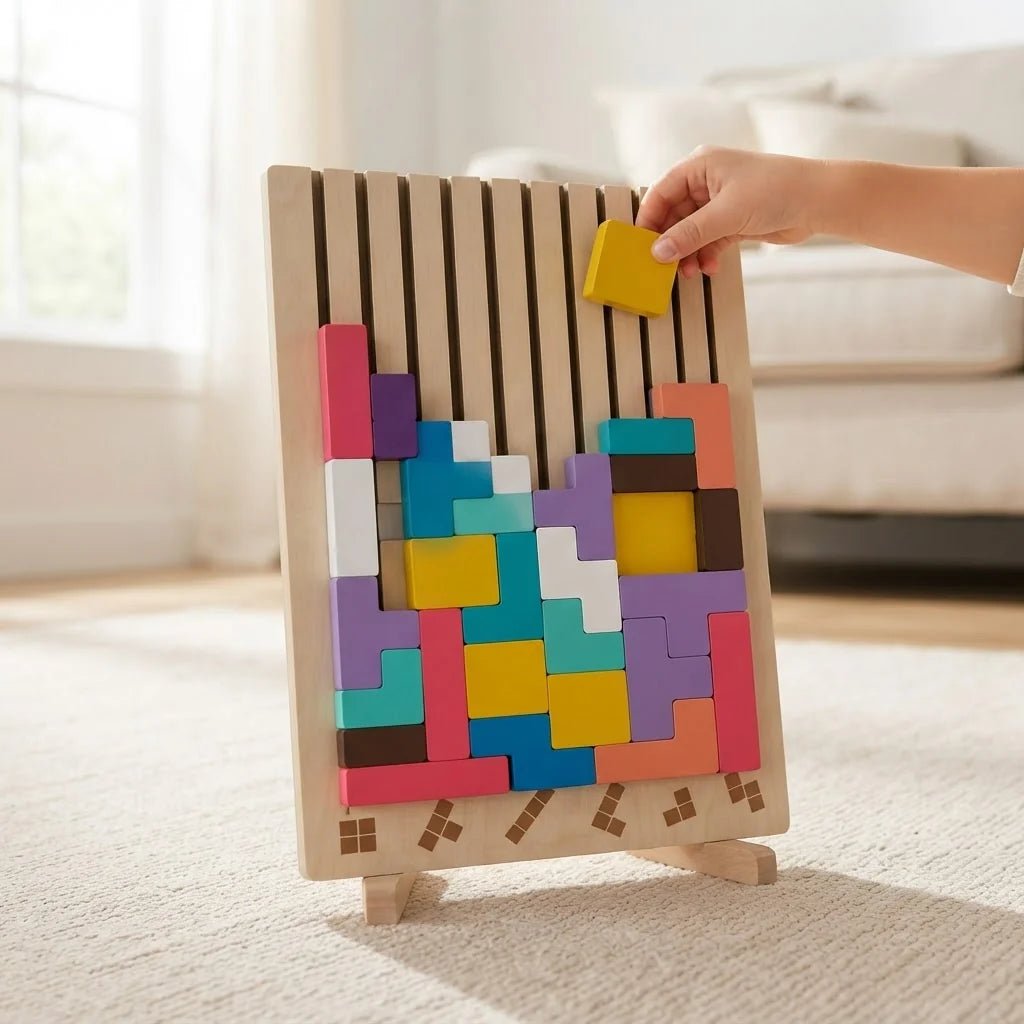 Vertical Wooden Block Puzzle featuring colorful pattern cards, designed for engaging hands-on play, made from solid wood with a non-toxic finish, ideal for cognitive development 0