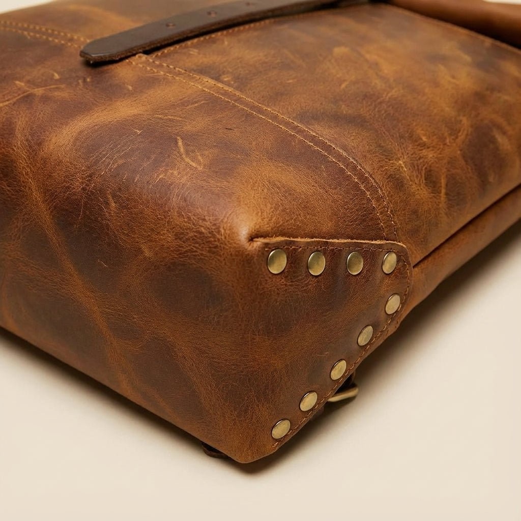 Vintage leather backpack featuring a spacious design, sturdy brass hardware, and a timeless aesthetic perfect for travel and everyday use. 2