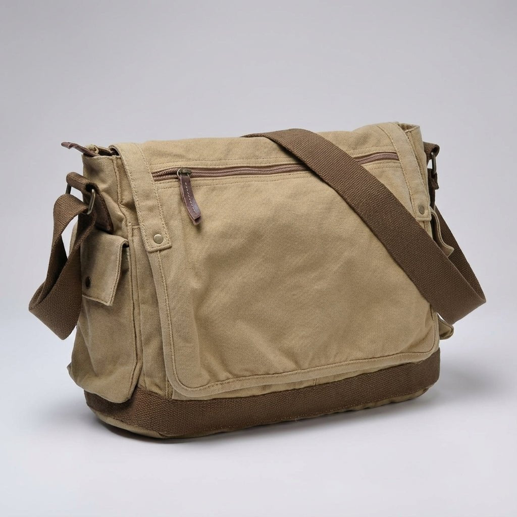Vintage messenger bag made of heavy canvas featuring a spacious design and secure closure, ideal for men seeking style and functionality. 6