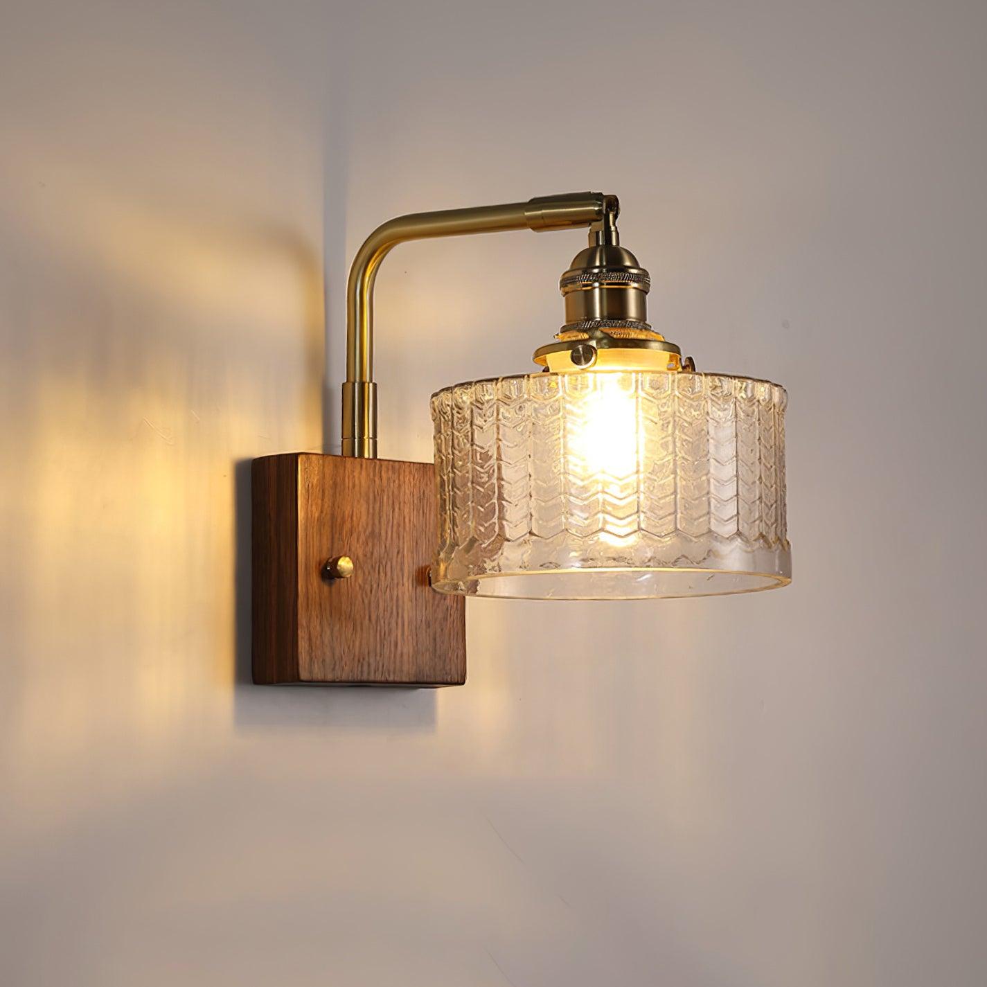 Wall lamp featuring a green motif glass shade and a stylish wooden base, perfect for adding atmospheric lighting to any room. 3