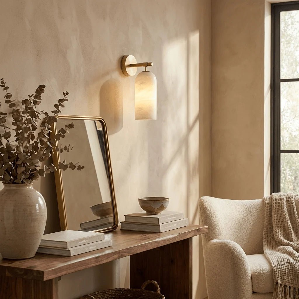 Wall light sconce featuring a stylish alabaster shade and durable metal arm, designed for hardwired indoor ambient lighting to enhance your home decor. 8