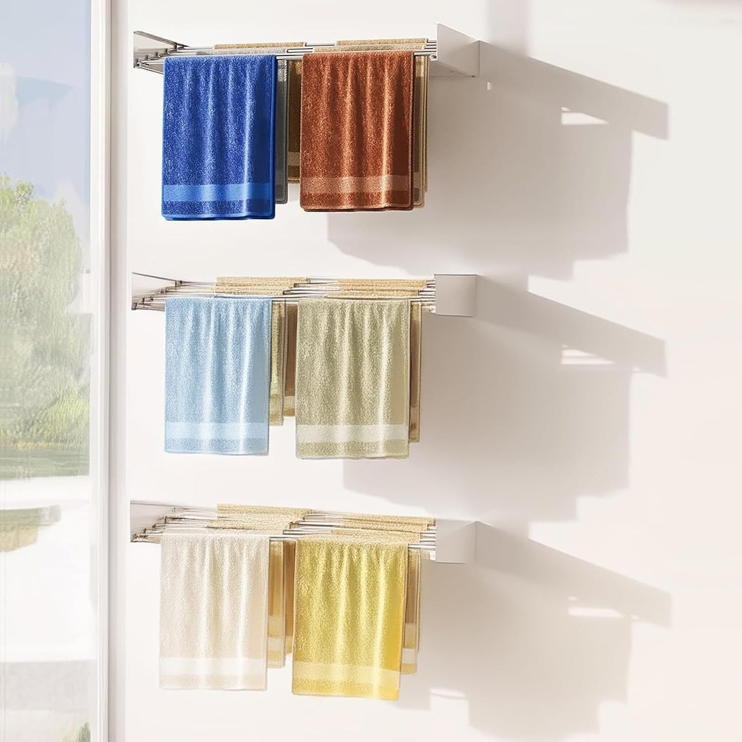 Wall mounted drying rack made of white iron, featuring an adjustable length design for space-saving clothes air drying. 5