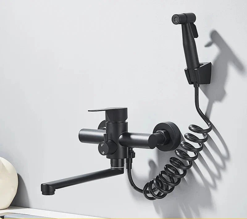 Wall mounted stainless steel faucet with a swivel spout and temperature control, featuring a sleek modern design suitable for contemporary kitchens and bathrooms. 3