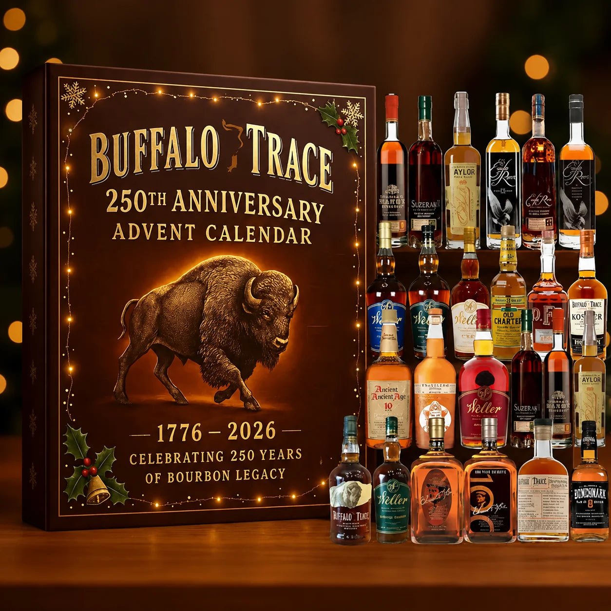 Whiskey Bourbon Advent Calendar featuring 24 mini bottle ornaments for a festive holiday countdown, crafted from durable acrylic for decoration. 0