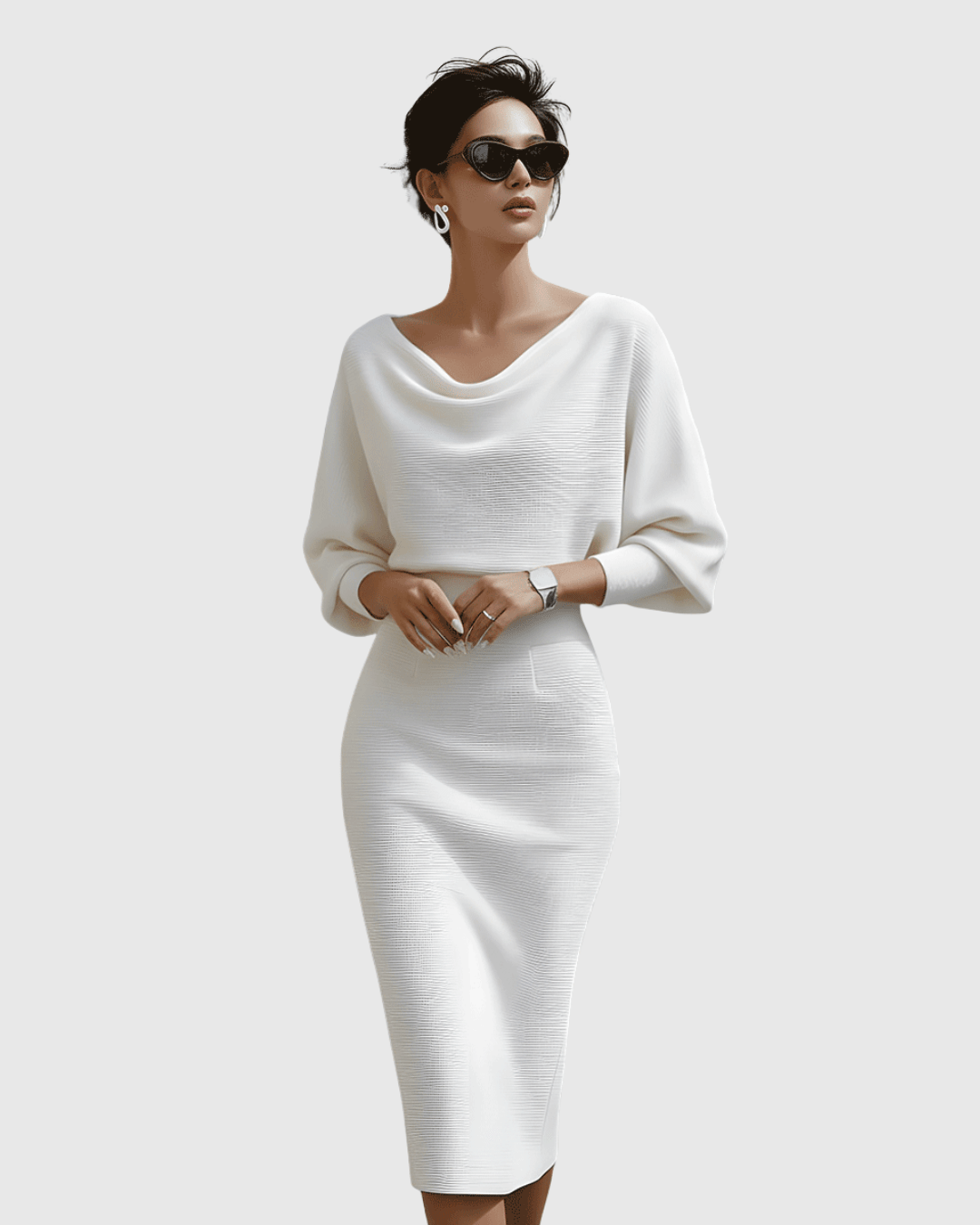 White midi dress featuring draped batwing sleeves and a feminine fit, crafted from elegant soft fabric, perfect for wedding guests or formal events. 7