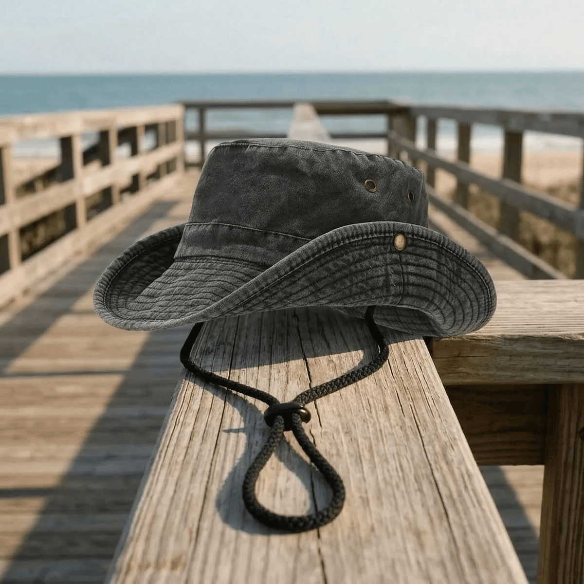 Wide brim outdoor hat in khaki washed cotton with adjustable strap, perfect for sun protection and outdoor activities. 11