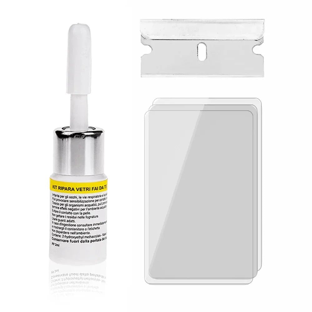 Windscreen repair kit featuring quick curing resin for fixing chips and cracks, designed for a transparent finish to restore clarity and strength. 2