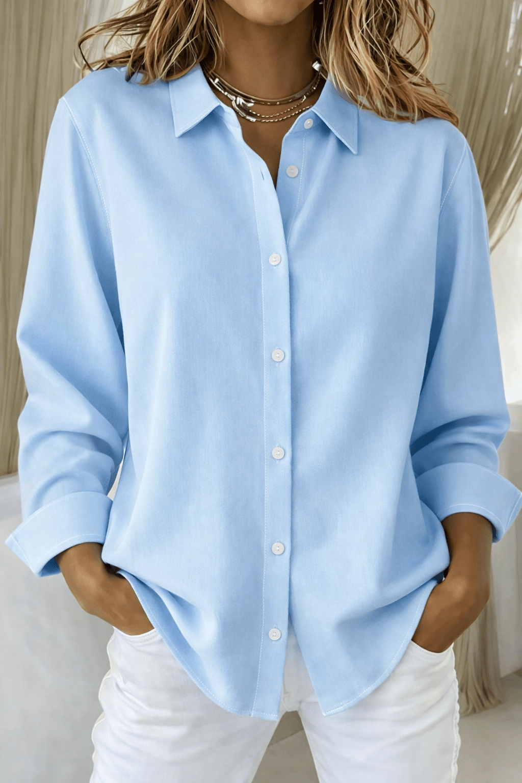 Women's minimalist long sleeve blouse with button closure, perfect for summer, available in plus sizes from S to 5XL. 5