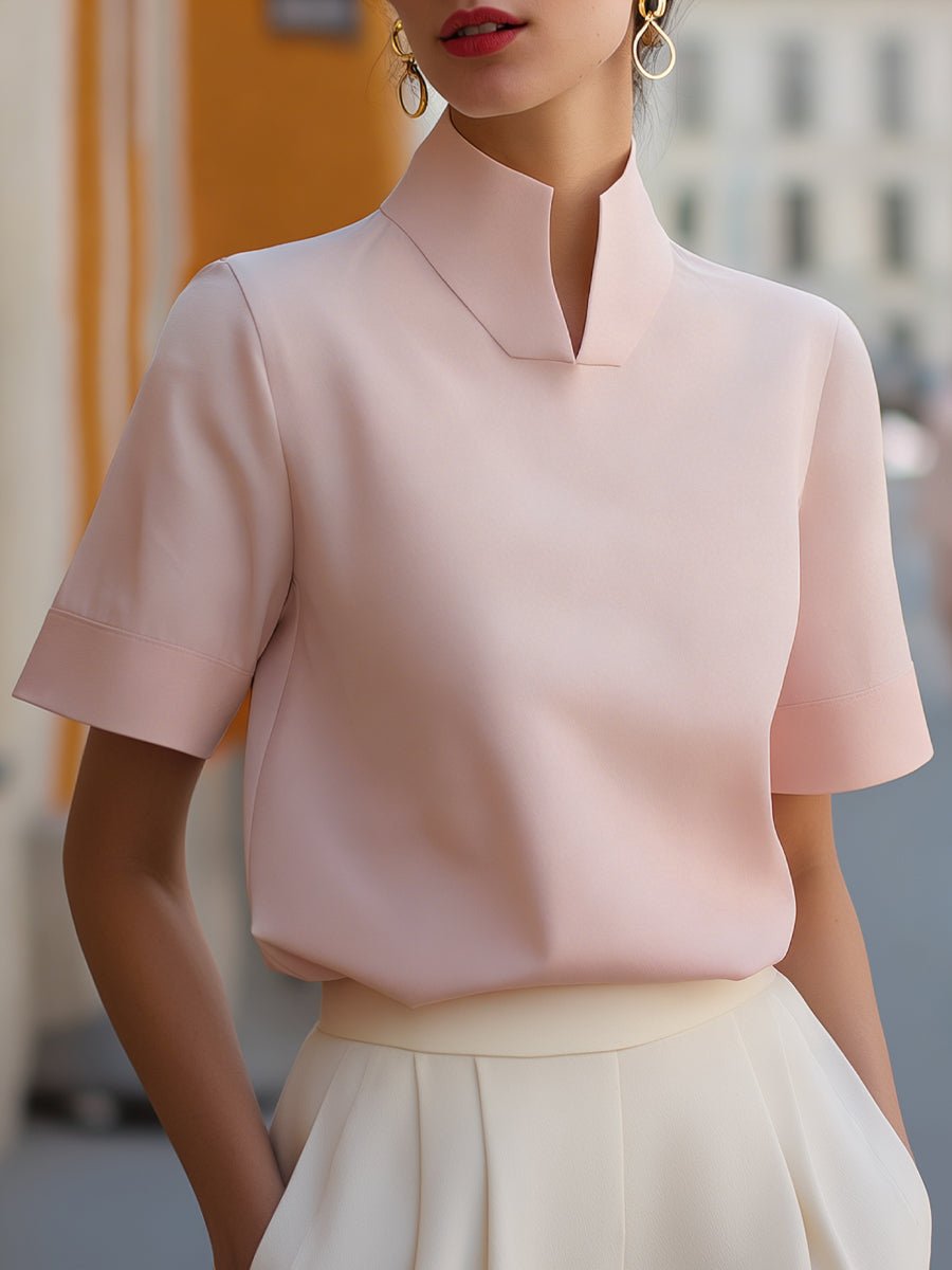 Women's business blouse featuring a stylish stand-up collar and short sleeves, perfect for elegant professional wear in the office or business meetings. 8